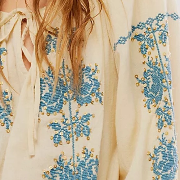 Free People Hayden Sequin Embellished XL Ivory Floral Embroidery On/Off Shoulder - Picture 5 of 7